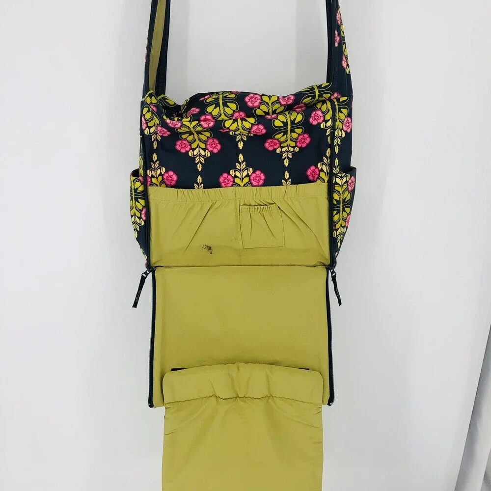 Petunia Pickle Bottom Black Green Pink Floral Shoulder Strap Diaper Bag W/ Pad